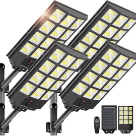 5000W Solar Street Lights Outdoor - 6500K Wide Angle Solar Lights Outdoor Waterproof, LED Flood Light Motion Sensor, Parking Lot Light Commercial Dusk to Dawn with Remote Control for Yard(4 Pack)