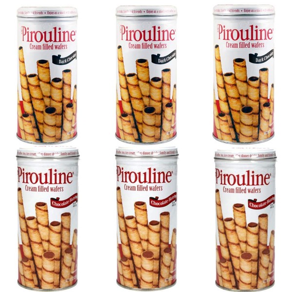 Pirouline Cream Filled Wafers 6 Pack! 3 Dark Chocolate & 3 Chocolate Hazelnut! Tasty Cookie Treats in 3.25 Ounce Canisters!