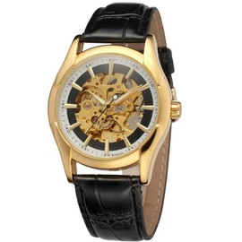 WINNER Hollow Out Automatic Mechanical PU leather Strap Male Wristwatch (Black+Gold)