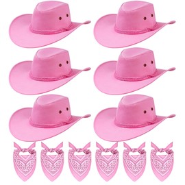 12 Pcs Cowboy Hat and Bandana Vintage Cowboy Costume Set Unisex Cowboy with Bandana Scarf for Women and Men Party Accessories (Pink)