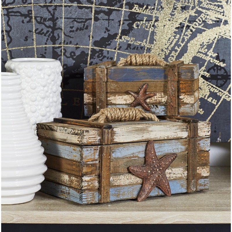 Deco 79 Wood Starfish Handmade Decorative Box Distressed Decorative Keepsake