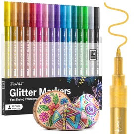 JusArt 16 Colors Glitter Paint Pens for Glass Marking, 0.7mm Fine Tip
