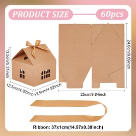 BENECREAT 20 Packs Small House Shaped Gift Boxes with Ribbon, 4.9x4.9x5.3 inch Paper Candy Box Cardboard Treat Bags for Wedding Baby Shower Birthday Party, Wheat