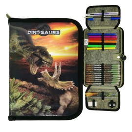 Theonoi Pencil Case Pencil Case 2 Compartments Double Decker Pencil Case Filled, Dinosaur Dino, pencil case