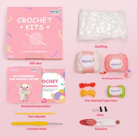 Mewaii Crochet Kit, Crochet Kit for Beginners with Easy Peasy Yarn, Complete DIY Kit Crochet Starter Kit with Step-by-Step Video Tutorials, Hug Strawberry Cow