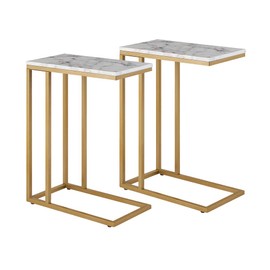 ROSEN GARDEN C-Shape Side End Table Set, Faux Marble Tray Snack Table with Metal Frame, Laptop Coffee Holder, Modern Furniture