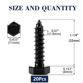 1/4" x 1-1/4" Hex Head Lag Screws Bolts 20Pcs 304 Stainless Steel 18-8, Partial Thread, Hexagon Head Wood Screws Black Oxide by SG TZH