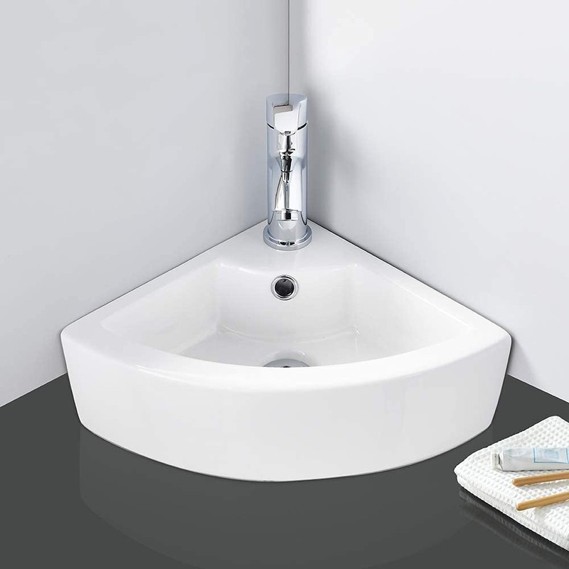 VASOYO Small Corner Bathroom Sink Wall Mount White Triangle Porcelain