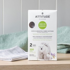 ATTITUDE Static Eliminator and Fabric Softener, Reusable Dryer Cloth, Hypoallergenic and Fragrance-Free, Vegan and Cruelty-Free Household Products, 300 Loads, 2 Sheets (1 Pack)