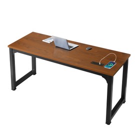 SURMIO Large Computer Desk - 63 Inch Home Office Desks Study Student Writing Table Gaming Desk Wood Modern Simple Table with USB Ports, L.Brown