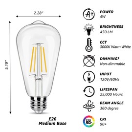 winsaLED 12 Pack LED Edison Bulbs 40 Watt Equivalent, 4 Watt LED Filament Bulb, 3000K ST19 Warm White Light Bulb, 450lm E26 Vintage LED Bulbs CRI 90, Non-dim
