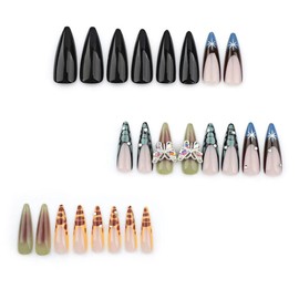 Long Press on Nails French Tip Fake Nails Stiletto False Nails Ombre with Rhinestone Butterfly Design Glue on Nails Glossy Acrylic Artificial Nail for Women 24 Pcs