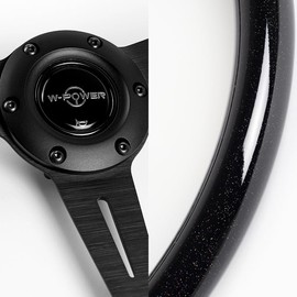 RACING9SPEED W-POWER 14" 350MM Universal 6-Hole 6 Bolts 3-Spoke Steering Wheel w/Horn Button, Car Mods Interior Accessories, Auto Replacement Part Assembly (Black Galaxy Colored Wood/Black Center)