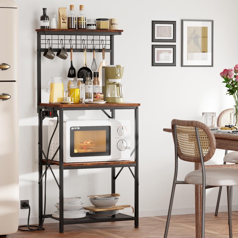Furologee Kitchen Bakers Rack with Power Outlet, Microwave Oven Stand