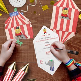 Cheerland Party Invitations – Circus Themed Invitation Cards with Stickers for 1st Birthdays Baby Showers Lion Elephant Animal Prints Red White Circus Tent Carnival Supplies
