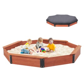 85''x78''x9'' Wooden Octagon Sandbox with Cover, Large Sandpit for Kids Outdoor Patio Backyard Play, Easy & Quick Assemble