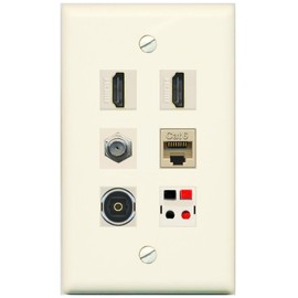 RiteAV 2 Port HDMI 1 Coax Cat6-Ethernet Toslink Speaker Wall Plate - Flat [Light-Almond]