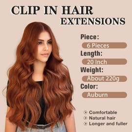 NAYOO Clip in Hair Extensions for Women 20 Inch Long Wavy Curly Auburn Hairpieces Full Head Synthetic Hair Hairpieces(6PCS,Auburn)
