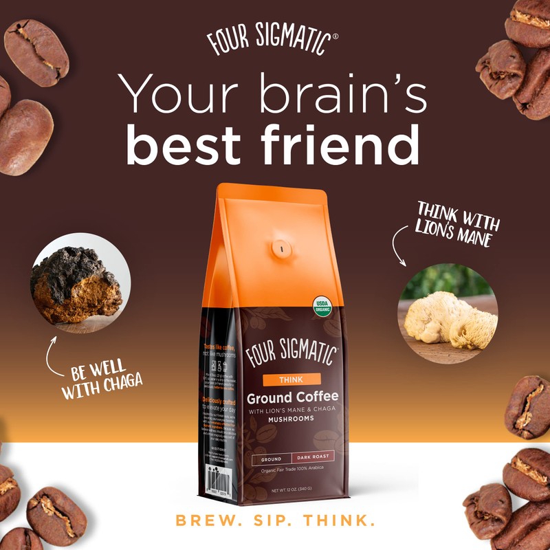 FOUR SIGMATIC Organic High Caffeine Lion's Mane Ground Coffee, 12