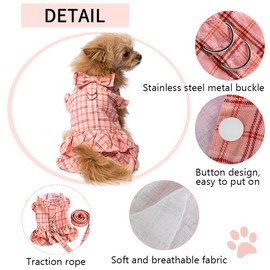 NACOCO Dog Plaid Dress with Leash Bow Tie Harness Cute Grid Pattern Summer Skirt Outfit for Cat Small Dogs(Pink,XL)