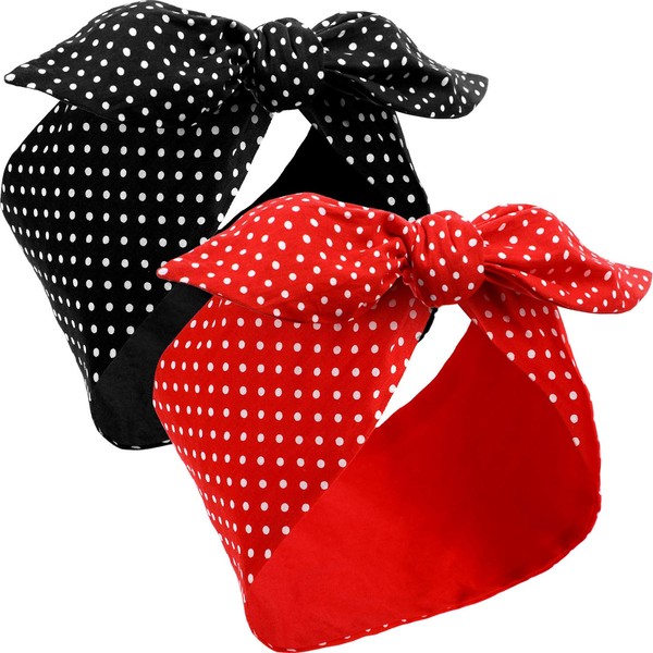 2 Pieces Rosie The Riveter Costume Headbands for Women, Red and Black Bandana Headbands, Vintage Boho Bow Headbands Rabbit Ear Hairband for Girls Women（Polka Dot Pattern）