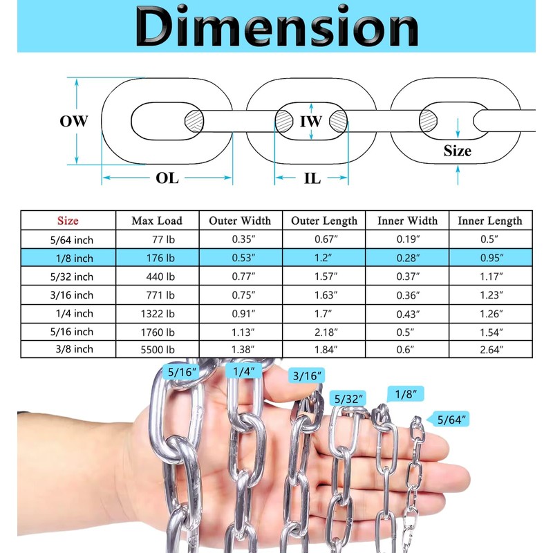 Stainless Steel Chain, Lsqurel 6.5ft Metal Chain Link Chain Small