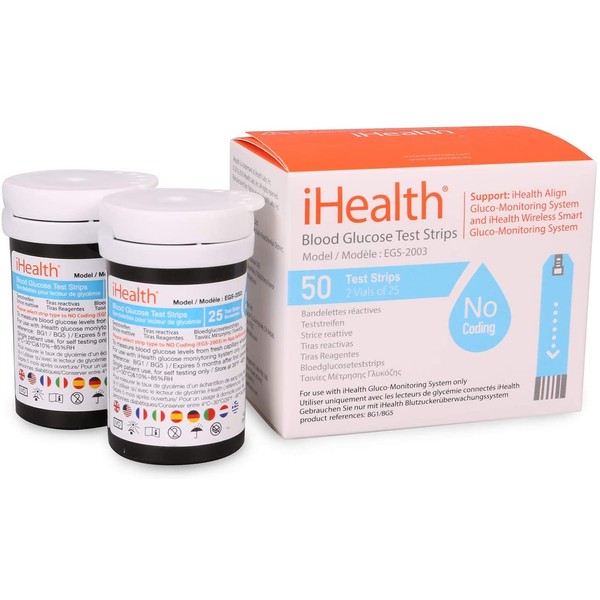 iHealth Blood Glucose Test Strips (50 Count), No Coding Blood Sugar Test, Eligible for FSA Reimbursement, Precision Sugar Measurement for Diabetics, Strips Work Only in iHealth Glucose Meters