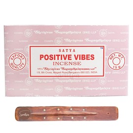 Satya Nag Champa Positive Vibes Incense Sticks | x12 pack | with SAMASIA incense sticks holder | Used for Poomatherapy, Spa, Yoga, Weddings, Meditation, Healing, Positivity and Relaxation