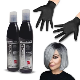 Kit Shampoo Matizador Le Black sin Sales y sin Parabenos 2 Piezas, Matizador de Canas, Platina el Cabello Rubio 250ml, Incluye par de Guantes de látex para Aplicación.
