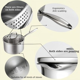KANGXW 2.0 Quart Stainless Steel Saucepan With steamer,With Pour Spout and Filter Glass Lid Milk Pan, Sauce, Gravy, Pasta Stock Pot For All Stovetops