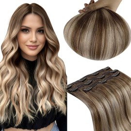 RUNATURE Clip-In Real Hair Extensions, Balayage Dark Brown to Brown with Blonde Real Hair Clip-In Extensions, Remy Clip-In Hair Extensions, Straight #3/8/22, 50 g, 35 cm
