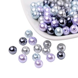 PH PandaHall 100pcs 8mm Glass Pearl Beads, Silver Grey Shiney Beads for Jewelry Making Round Spacer Beads Pearl Beads with Holes Purple Blue Mermaid Beads for Bracelet Necklace Making DIY Crafts