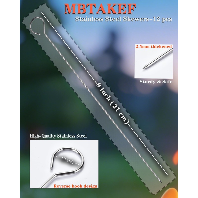 8 Inch Metal Skewers for Grilling(12 PCS),2.5mm Thickened Stainless Steel