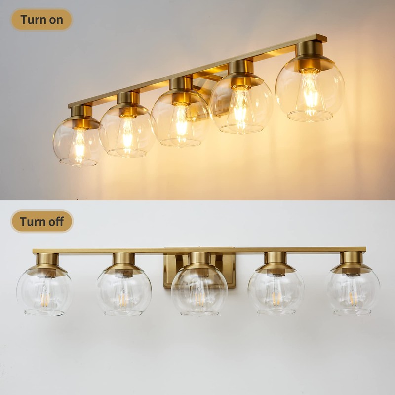 PAZALA Brushed Brass Bathroom Light Fixtures Over Mirror 5-Lights Vanity