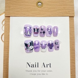 24Pcs Purple Press on Nails Short Round Fake Nails with Glue Cute Cartoon Design Acrylic Nails Stick on Nails for Women DIY Party Nail Decoration