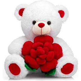 Teddy Bear Stuffed Animals Plush Bear Holding Rose Soft Plush  Valentine's Day, 16 Inch, White - Color: White