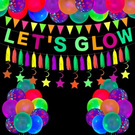 45 Pack Neon Party Accessories Glowing Party Decorations Let's Luminous Banner, Luminous Balloons, Neon Paper Tassels, Neon Triangle Flag Glow in the Dark Party Supplies