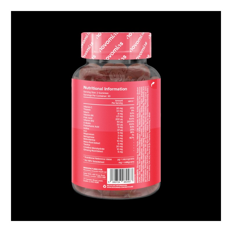 Novomins Energy Raspberry Flavour Vitamins 60 Gummies 30 Days Supply