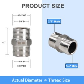 2Pcs 3/4" Male Hex Nipple Pipe Fitting, 304 Stainless Steel Threaded Adapter Fittings, 3/4 Inch Male Equal Nipples Connectors, Male Straight Threaded Pipe Fitting