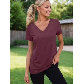 NUKELOLO 3 Pack Women's T Shirts Short Sleeve Basic Tees, 2025 Spring Summer Clothing V Neck Casual Tops Trendy Outfits for Beach Vacation(Black/White/WineRed,Large)