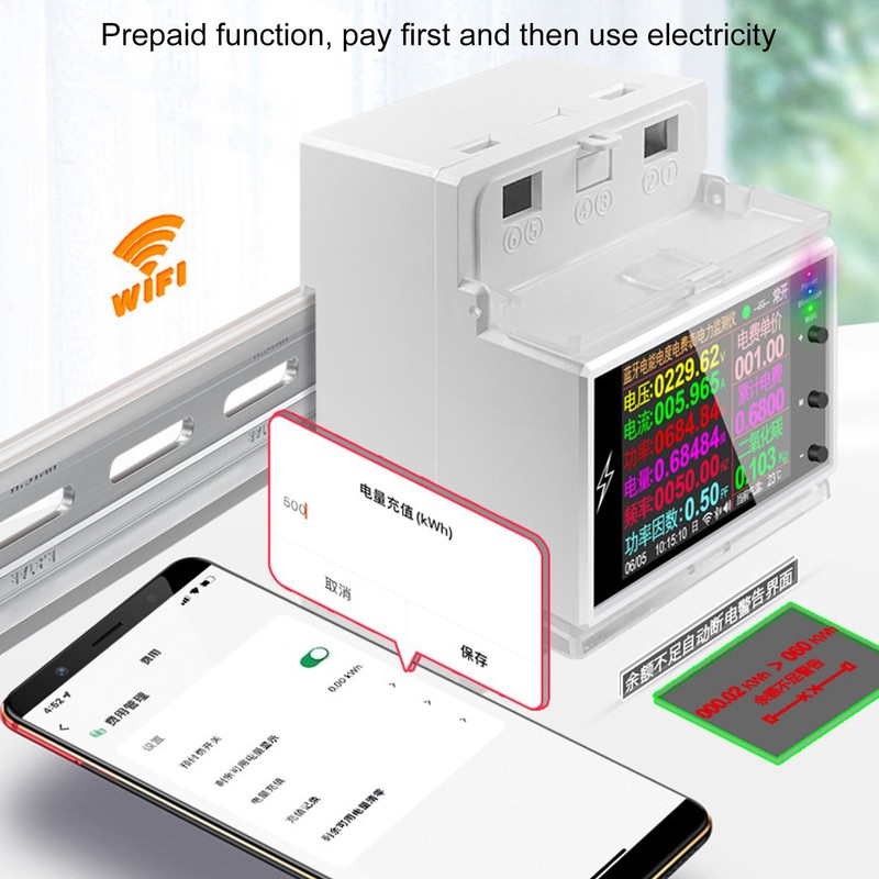 Multifunctional Power Meter DIN Rail 2.4in TFT Display Electric Energy