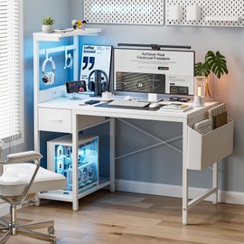 Grandder Gaming Desk 40 Inch with Power Outlet and LED Light, Computer Desk with Reversible Shelves and Storage Drawer, Pc Small Desk for Home Office Table with Bag, Carbon Fiber White