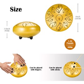 Tongue Drum, 11 Notes, 6 Inches, Tongue Drum, Carbon Steel Drum, Portable Essential Drum with Bag, Notes, Finger Pick and Beater for Meditation, Yoga, Sound Healing, Yellow