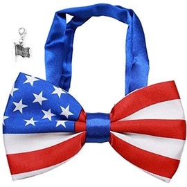 Stars and Stripes American Flag Themed Bow Tie with Flag Clip on Charm – for Dogs - One Size Fits Pet Necks 11"-19"