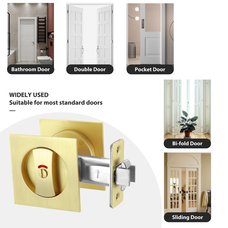 Malimali Pocket Door Lock, Brushed Gold Pocket Door Hardware Square