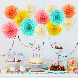 BestoFun Pack of 12 Colourful Paper Fan Set, Beige Pom-Poms, Tissue Flowers, Green, Pink, Hanging Flowers, Garland, Yellow, Peach Paper Fan Decoration for Party Decoration, Children, Birthday