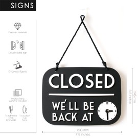 Open Closed Sign Be Right Back with Suction Cup, Vintage Retro - Opening Hours Changeable, with Time Display and Movable Hands (Black, English)