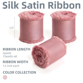 KEOSREE Rose Gold Silk Satin Ribbon,Pink Frayed Silk Ribbon for Bridal Flower Bouquet Christmas Gift Wrapping Wedding Decor Invitations Decorations 1.5" x 15 Yards (5Yards X 3 Rolls)