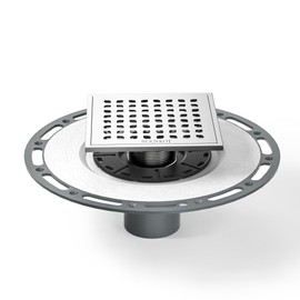 Bernkot Square Shower Drain, 6" Brushed with PVC Bonding Flange Base 304 Stainless Steel Drain Grate Removable with Stainless Drain Key for Low Profile Shower Tiles, CUPC Certified