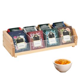 Tea Bag Storage Organizer, Natural Wood and Clear Acrylic, 4-Section Chest, 13.5x4.9x3.1 Inch, 80 Bag Capacity (Wood)